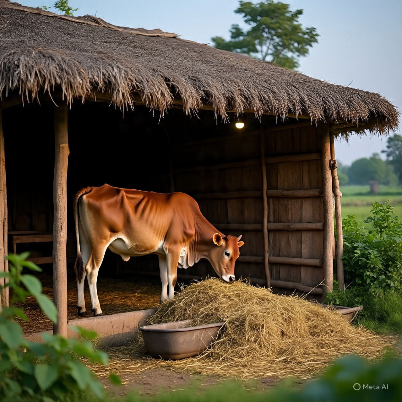 Healthy Desi cows grazing on green pasture in a dairy farm